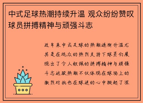 中式足球热潮持续升温 观众纷纷赞叹球员拼搏精神与顽强斗志