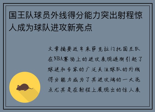 国王队球员外线得分能力突出射程惊人成为球队进攻新亮点