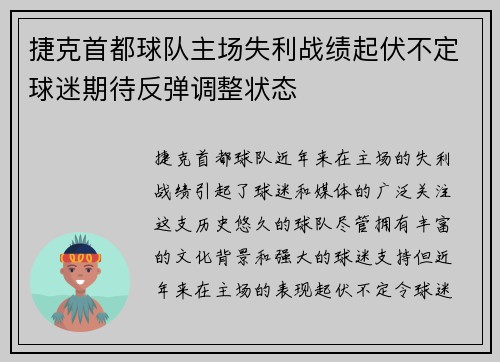 捷克首都球队主场失利战绩起伏不定球迷期待反弹调整状态